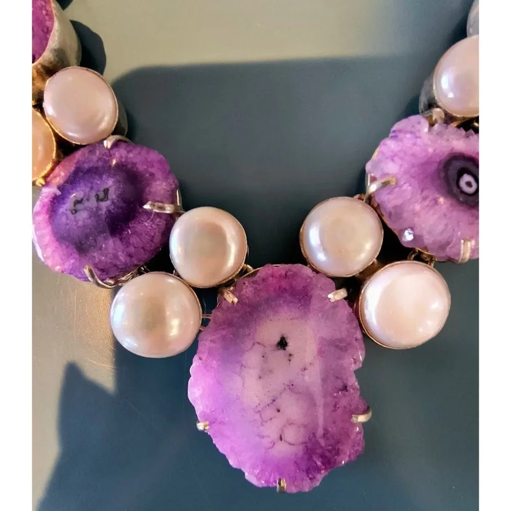 Handmade Geode Slice & Pearl‎ Statement Necklace Sterling Silver Women